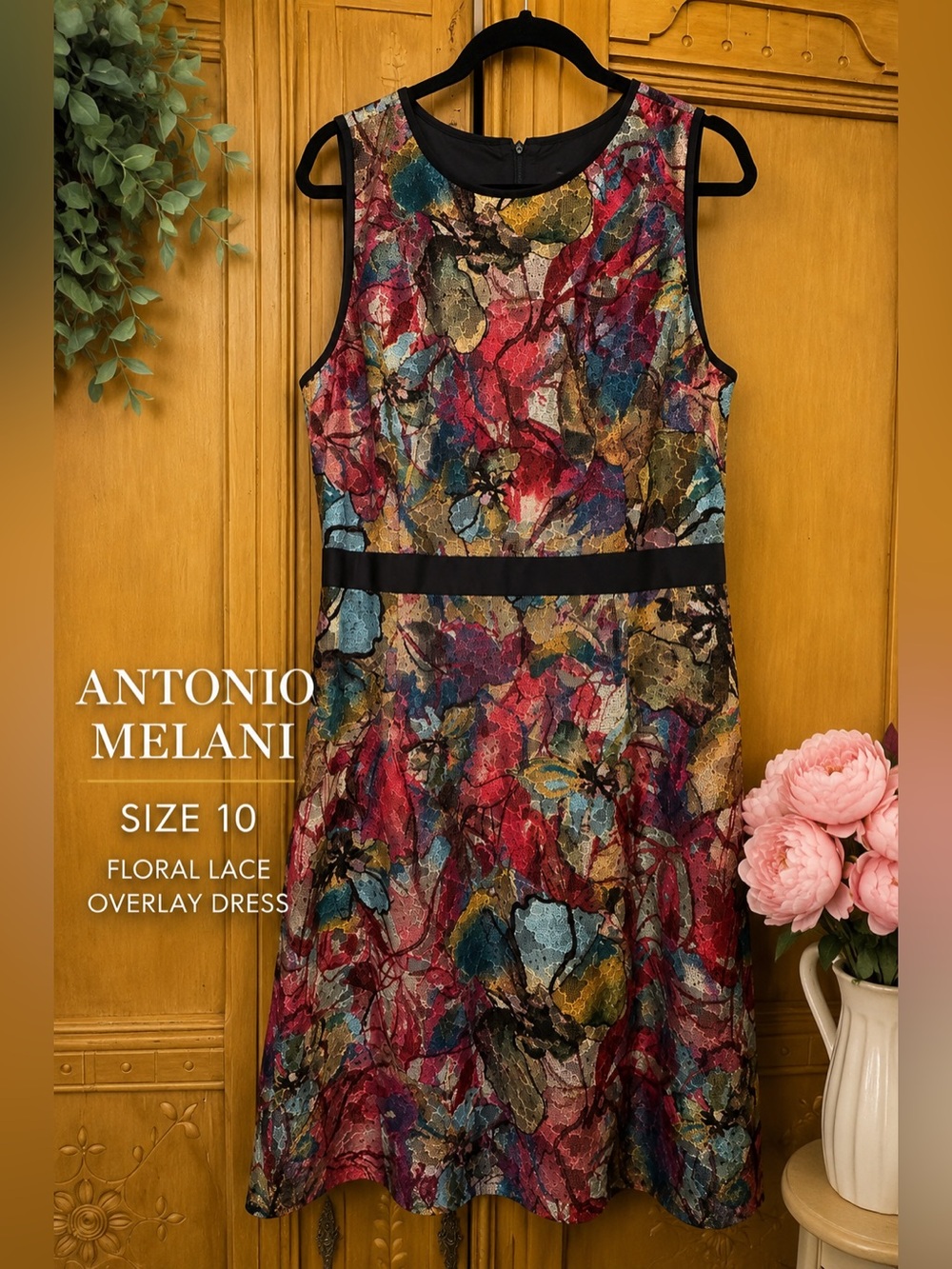 Antonio Melani Floral Lace Overlay Dress Size 10 Sleeveless Cocktail Midi EUC